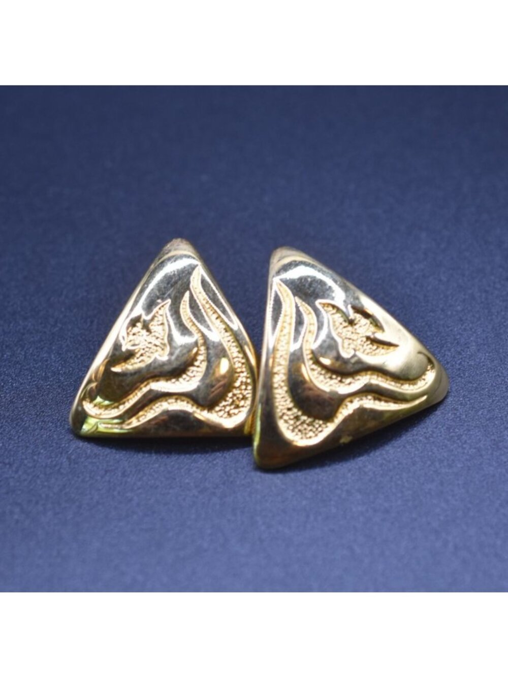 Vintage Triangle Gold-Tone Earrings With Engraved Bird Design Lightweight Pierce